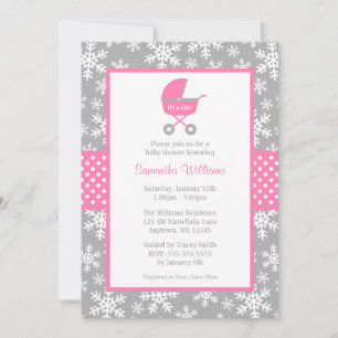Baby shower för rosa- och gråttvagnssnöflingor inbjudningar