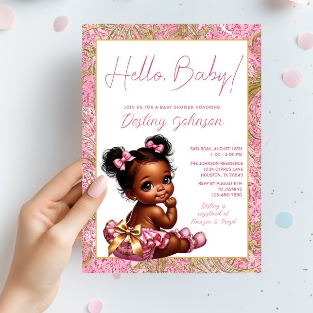 Baby Shower för Rosa och Guld "Hej Baby" Inbjudningar (Adorable pink and gold baby girl shower invitation. Simply add your event details.)
