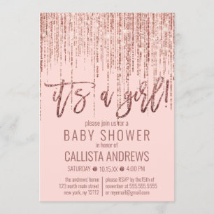 Baby Shower för Rosa ros Glitter Fringe babbläck f Inbjudningar