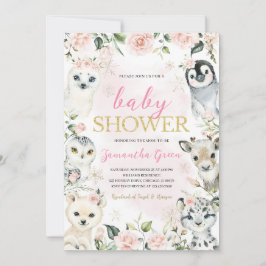 Baby Shower för rosa Winter Arktis Animals Inbjudningar