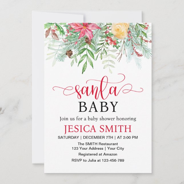 Baby Shower för Santa Baby Winter Greenery Baby Sh Inbjudningar (Framsida)