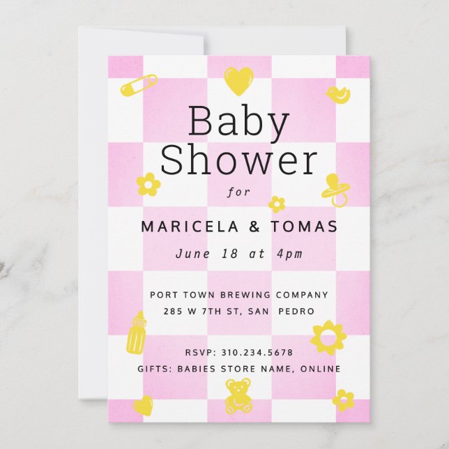 Baby Shower för shock rosa- och Gult Checker Inbjudningar (Framsida)
