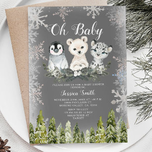 Baby Shower för Snöflingor för vinterarktisk djurs Inbjudningar