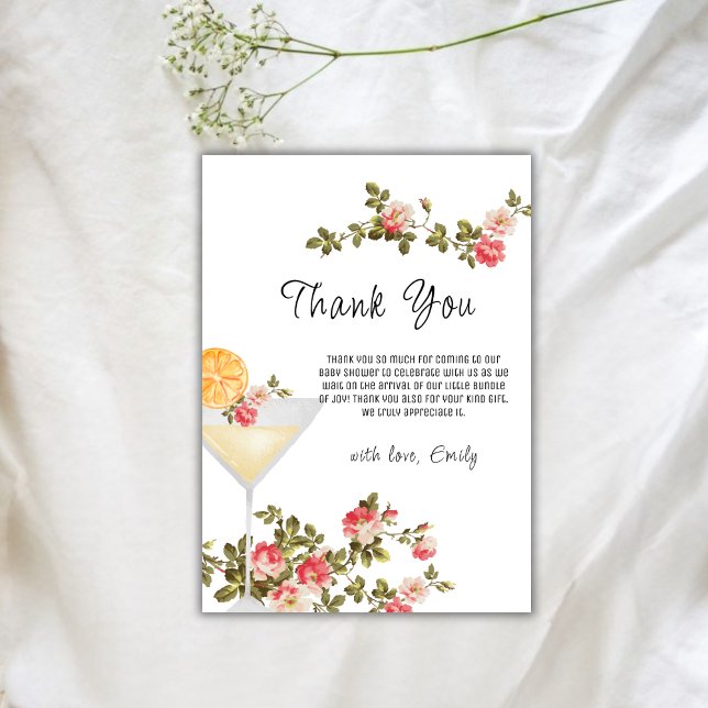 Baby Shower för sommarblocket Ro Brunch BubLY Cham Tack Kort (Summer Rose Brunch Bubbly Champagne Baby Shower Thank You Card)