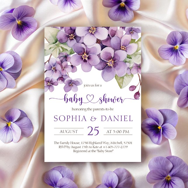Baby Shower för sommarblodsblommor, Lila Violet Fl Inbjudningar (Summer Purple Violet Flowers Baby Shower Invitation)