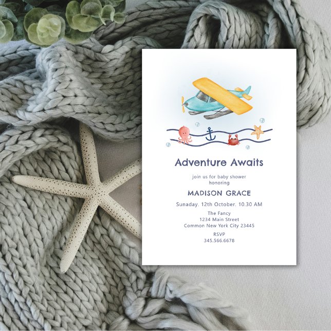 Baby Shower för sommarresa på Äventyr-planet Inbjudningar (Summer Travel Adventure Sea Airplane Baby Shower Invitation)