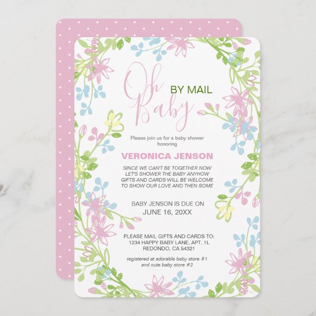 Baby Shower för Söt Vår Blommigt med post, färsk o Inbjudningar (Fram/baksida)