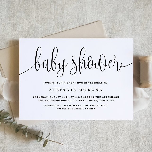Baby Shower för svart och vit Söt Calligraphy Inbjudningar (Skapare uppladdad)