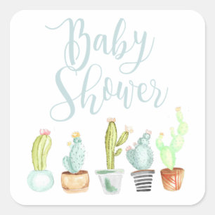 Baby shower för vattenfärg för kaktusträdgård fyrkantigt klistermärke