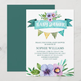 Baby Shower för vattenfärgsfärg i Aqua Blommigt Inbjudningar