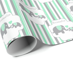 Baby shower för vit-, grått- & gröntrandelefant presentpapper