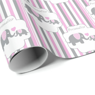 Baby shower för vit-, grått- & rosarandelefanter presentpapper