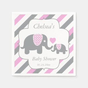 Baby shower för vit-, rosa- & gråttrandelefanter pappersservett