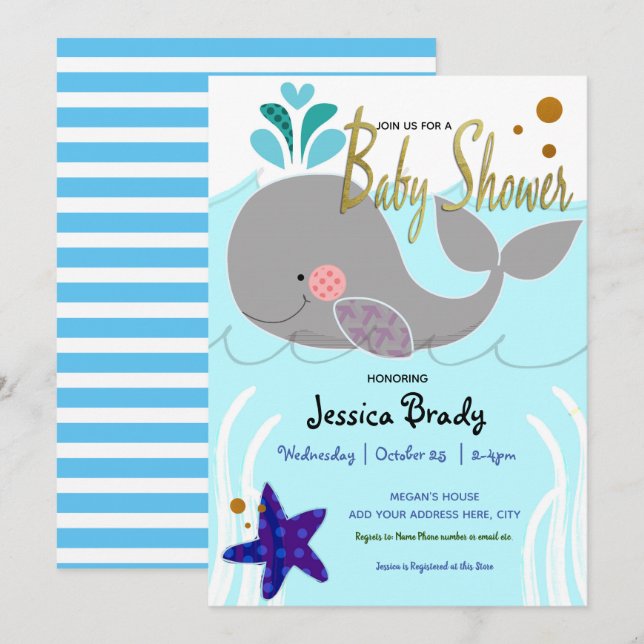 Baby Shower för Whale Nautical Faux Guld Inbjudningar (Fram/baksida)