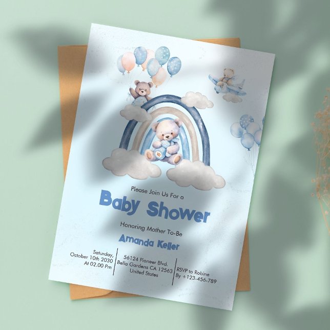 Baby Shower för Whimsique Blue Rainbow Nalle Baby  Inbjudningar (Skapare uppladdad)