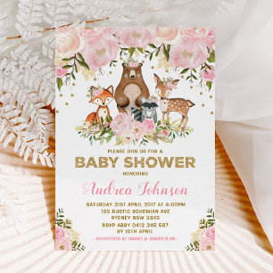 Baby Shower Forest Animals Rosa Guld Inbjudningar