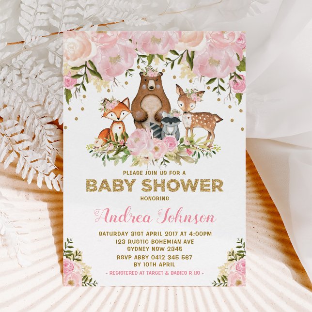 Baby Shower Forest Animals Rosa Guld Inbjudningar (Skapare uppladdad)