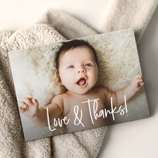 Baby shower foto Kärlek och Tacksamhet handskrift Tack Kort (Modern Love and Thanks! cute baby photo shower card template.)