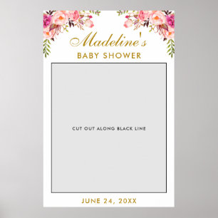 Baby Shower Fotoautomat Rekvisita Guld Rosa Blom Poster