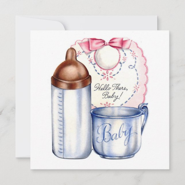 Baby Shower-fyrkantiga inbjudningar bib, flaska oc (Framsida)