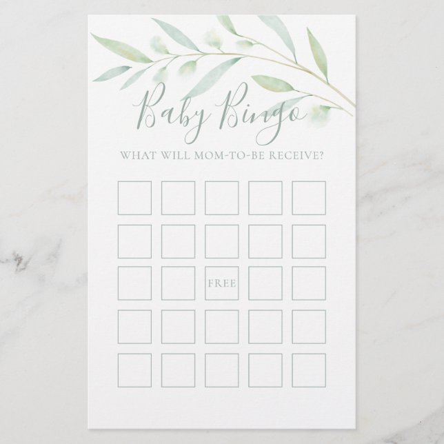 Baby Shower Game Baby Bingo Greenery Watercolor (Framsida)