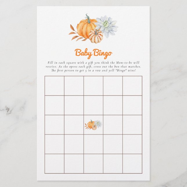  Baby Shower Game Bingo Little Pumpkin Fall Cute Flygblad (Framsidan)
