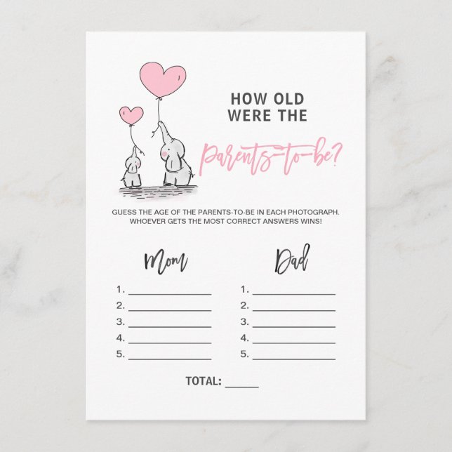 BABY SHOWER GAME Elephant - How old Parents Photo Tilläggskort (Framsida)