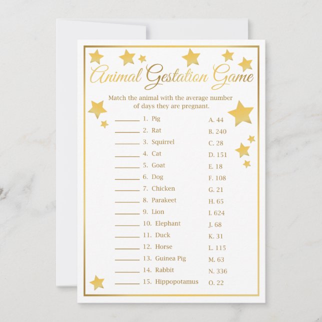 Baby Shower Game för Guld-stjärna från djurgestati Inbjudningar (Framsida)