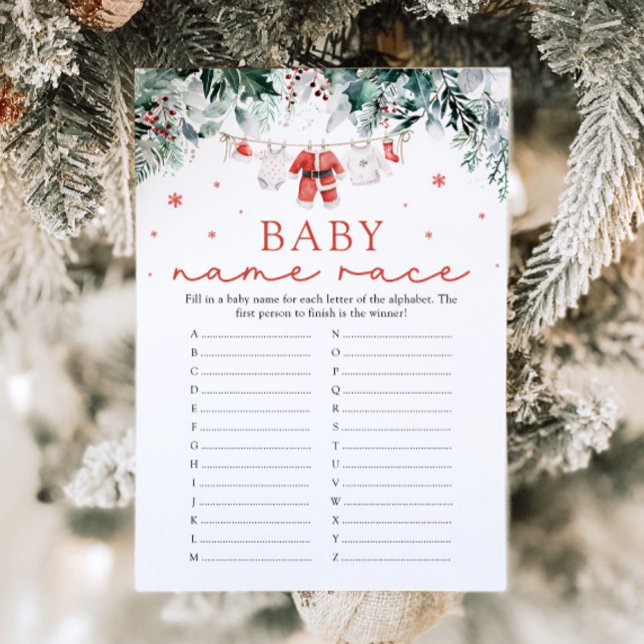 Baby Shower Game Namn i jultomten Baby Tävling Inbjudningar (Watercolor Cute Christmas Santa Baby Name Race Baby Shower Game)