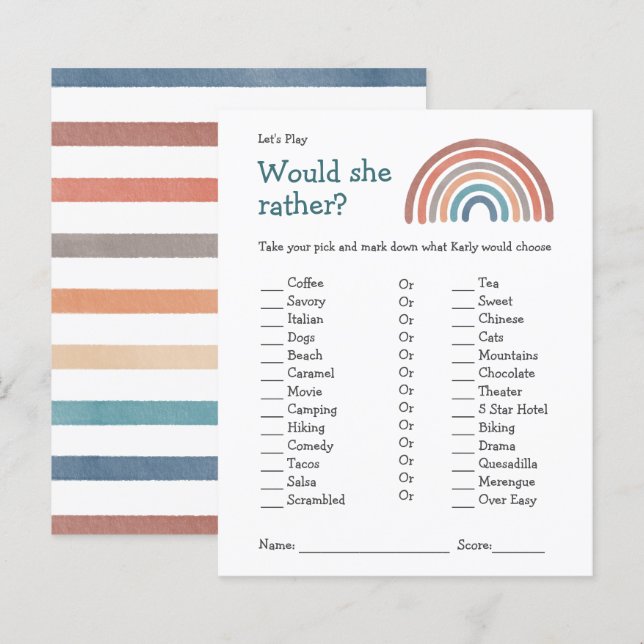 Baby Shower Game skulle hon hellre boho Rainbow (Fram/baksida)