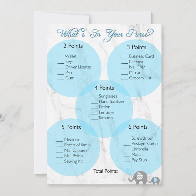 Baby Shower Game "What's in you purse?" Inbjudningar (Framsida)