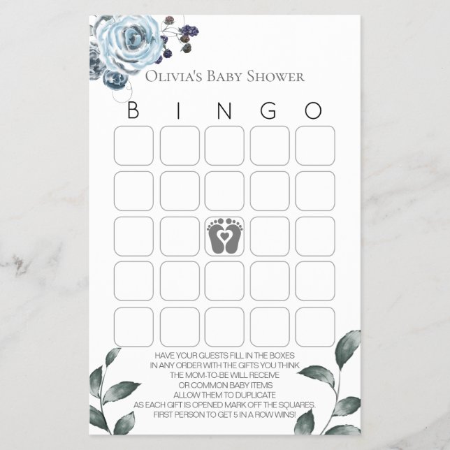 Baby Shower Games Bingo Dusty Blue Ro Flygblad (Framsidan)