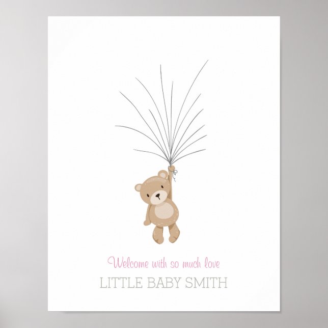 Baby shower gästbok Teddybjörn rosa Poster (Framsidan)