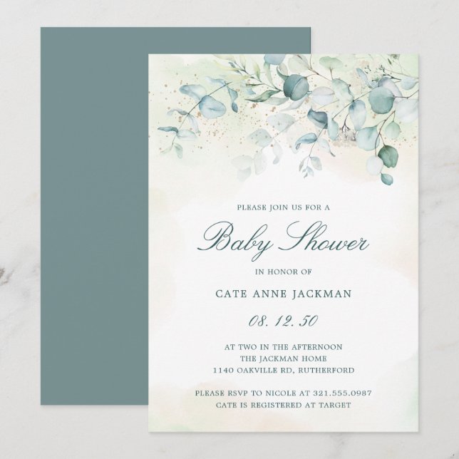 Baby Shower Gender Neutral Eucalyptus Greenery Inbjudningar (Fram/baksida)