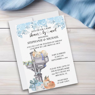Baby Shower Genom Post Akvarell Rävar Blå Inbjudningar