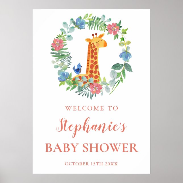 Baby Shower Giraffe & Blommigt WAN Baby Shower Poster (Framsidan)