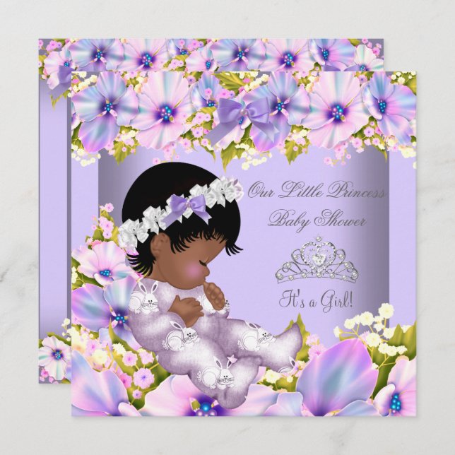 Baby Shower Girl African American Lila Princess Inbjudningar (Fram/baksida)