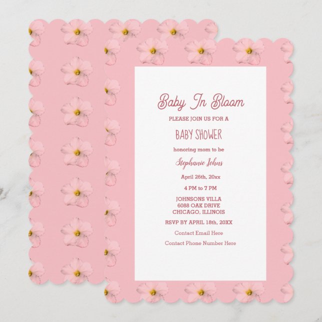 Baby Shower Girl Baby in Bloom Blommönster Rosa  Inbjudningar (Fram/baksida)