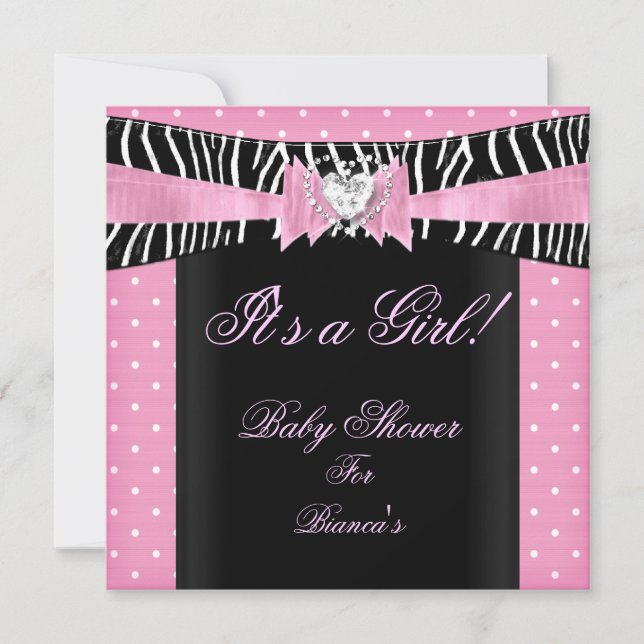 Baby Shower Girl Baby Rosa Black Zebra polka dots Inbjudningar (Framsida)