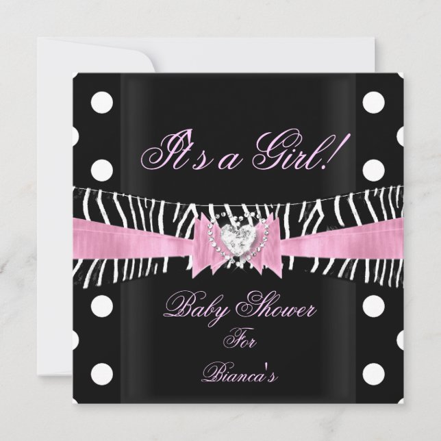 Baby Shower Girl Baby Rosa Black Zebra polka dots Inbjudningar (Framsida)
