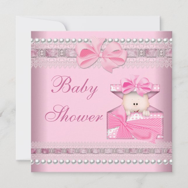 Baby Shower Girl Baby Rosa Gift Pearl Snöre Inbjudningar (Framsida)
