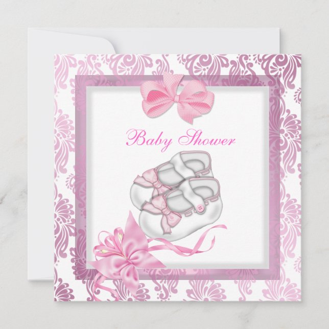 Baby Shower Girl Baby Rosa Shoes Damask White Inbjudningar (Framsida)