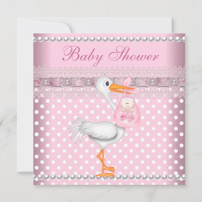 Baby Shower Girl Baby Rosa Spot Pearl Stork Inbjudningar (Framsida)