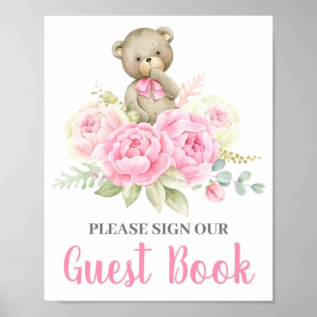 Baby Shower Girl Bear Guest Bok Poster (Framsidan)