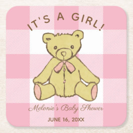 Baby Shower Girl Bear med Namn och Date Underlägg Papper Kvadrat