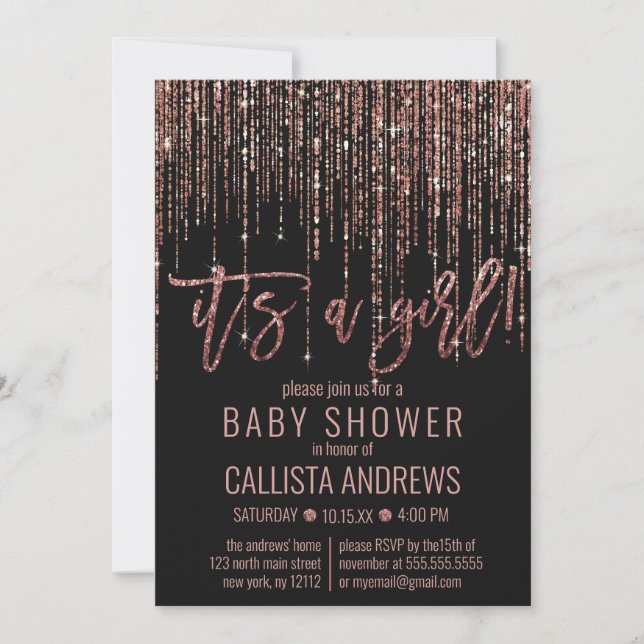 Baby Shower Girl Black Ro Guld Glitter Fringe Inbjudningar (Framsida)