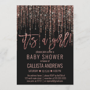 Baby Shower Girl Black Ro Guld Glitter Fringe Inbjudningar