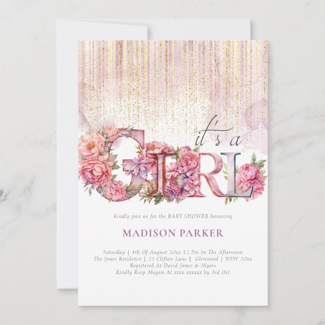 Baby Shower Girl Blommigt Rosa Guld Glitter Inbjudningar (Framsida)