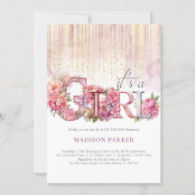 Baby Shower Girl Blommigt Rosa Guld Glitter