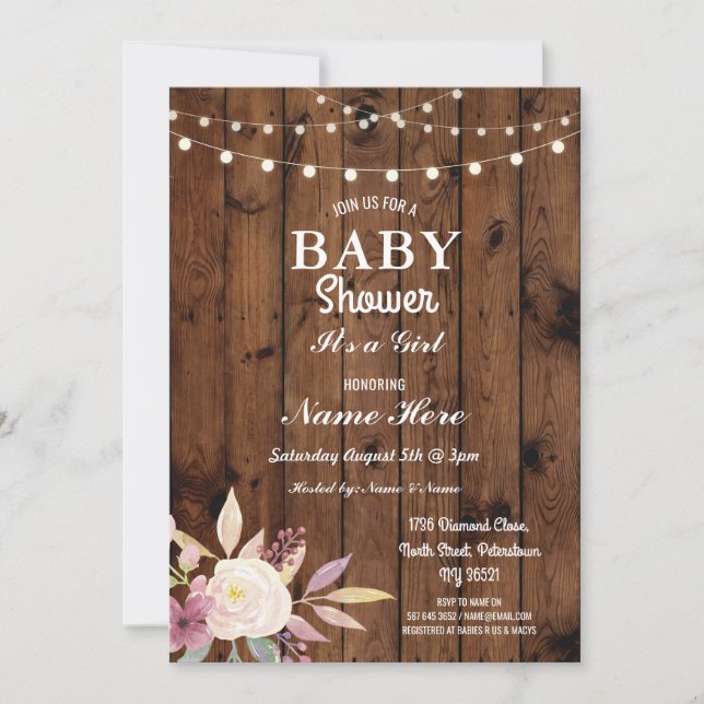Baby Shower Girl Blommigt Wood Ljus Rustic Inbjuda Inbjudningar (Framsida)